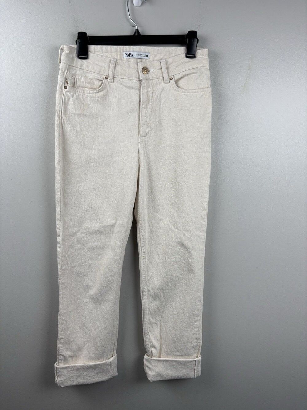 ZARA Women's White Cotton Chino Pants Straight Leg Pockets Button Zip Size 6